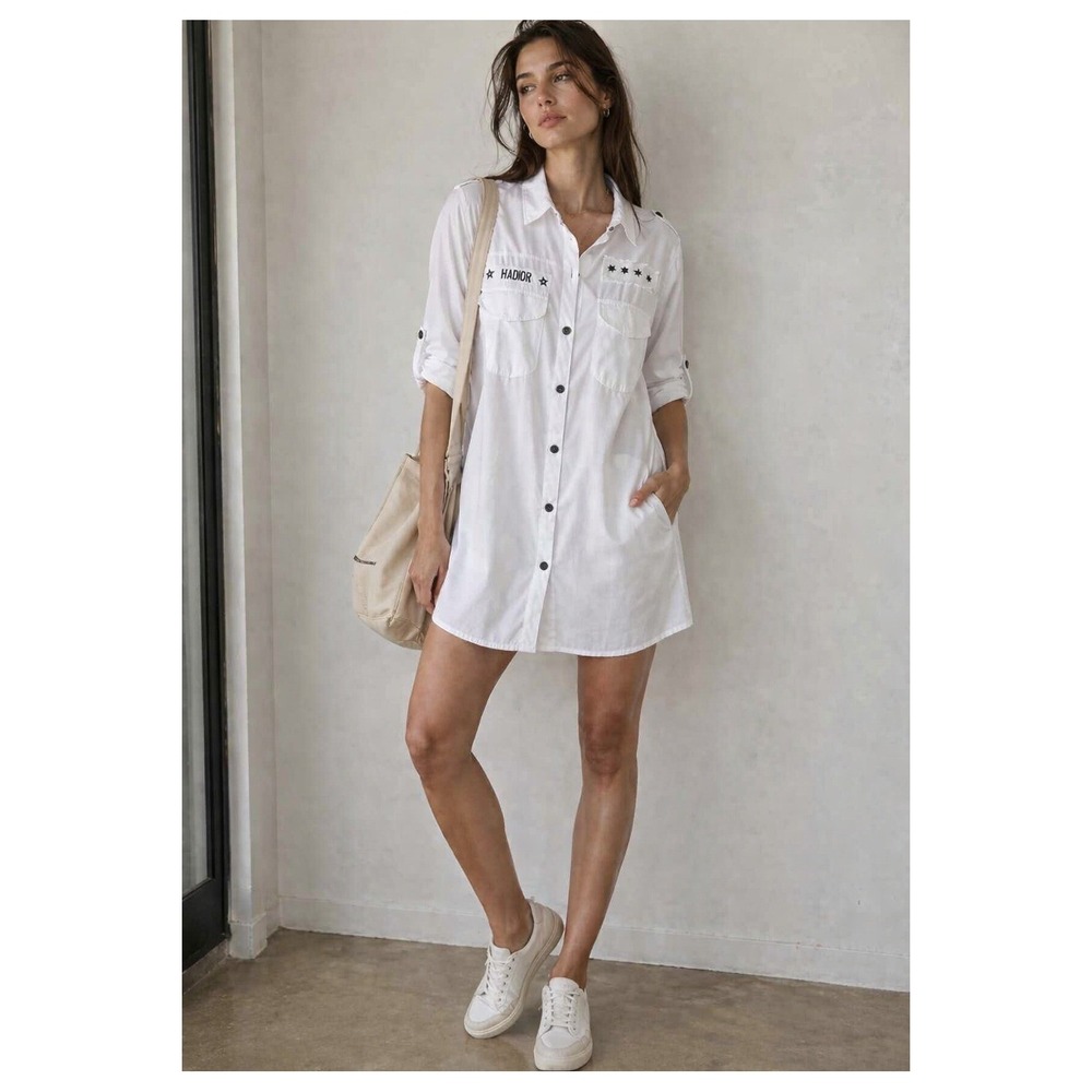 New Collection Italian Shirt Dress Womens OS White Star Utility Mini Good